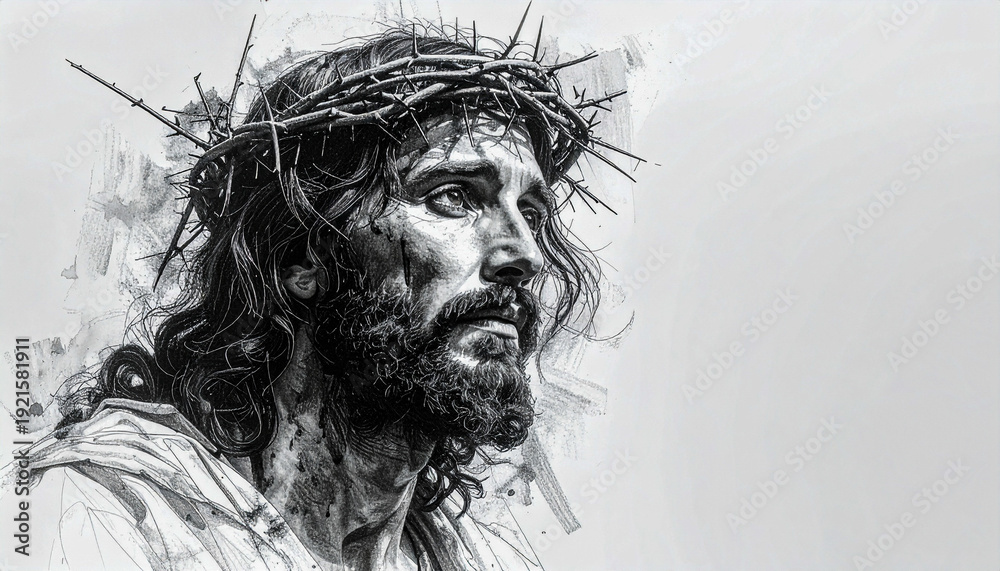 Fototapeta premium Retrato de Jesucristo con corona de espinas en dibujo de carboncillo sobre fondo blanco con amplio espacio negativo. Concepto de fe, espiritualidad y arte religioso.