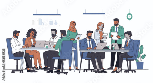 Diverse group of people in office meeting.