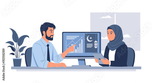 Business colleagues discussing data on computer.