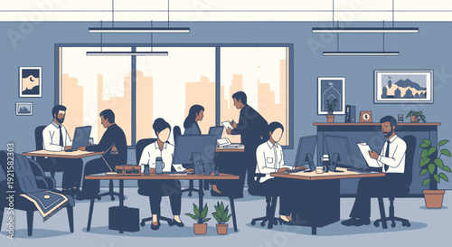 A group of business professionals working together in an office setting.