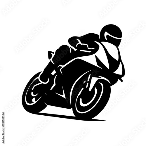 A black silhouette of a motorcyclist riding a motorcycle in a dynamic pose on a white background