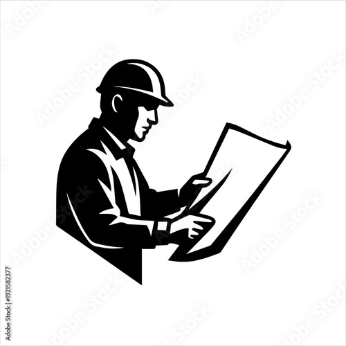 A construction worker in a hard hat examines a blueprint on a clipboard with a focused expression