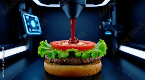 Robotic Arm Assembling a Hamburger in a Futuristic Automated Food Production Environment
