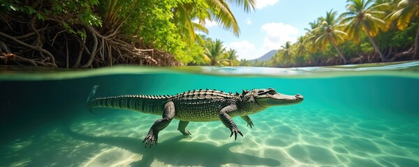 Large reptile swims in clear tropical water. Green jungle foliage surrounds calm ocean. Animal in natural habitat, peaceful wildlife scene. Sunlight dapples sandy bottom.