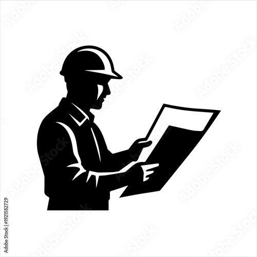 A construction worker in a hard hat examines a blueprint in a simple black silhouette on a white background