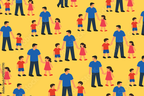 Seamless family pattern with father and children figures, parenting background illustration