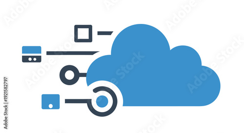 Blue cloud icon with connecting boxes and circles representing data transfer