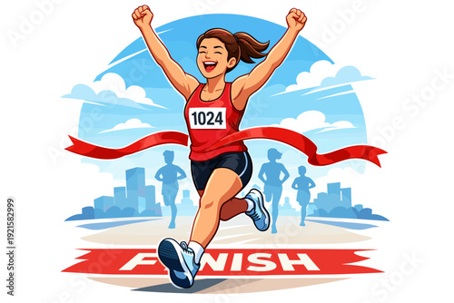 Female runner breaking finish tape with raised arms, marathon victory and success concept illustration