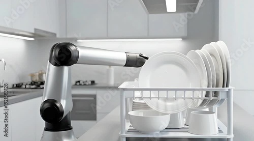 Robotic Arm Placing Plate on Dish Drying Rack in Modern Kitchen