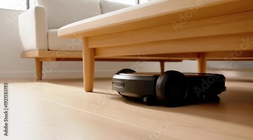Smart robot vacuum cleaner moving under a coffee table, cleaning a wooden floor in a modern home.