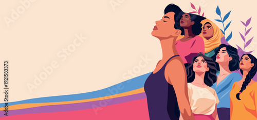 International Women's Day, March 8th. A bright vector banner, a woman with long hair, which depicts portraits of different women looking up. Unity, equality, feminism, diversity, women's empowerment