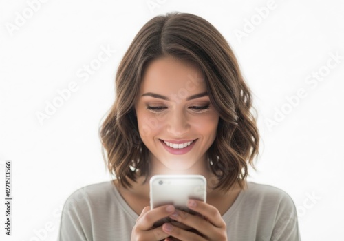 A woman smiling while looking at her cell phone