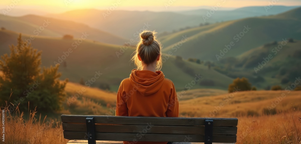Obraz premium Woman sits on bench watching golden sunset over rolling hills. Enjoying peaceful view on vacation trip, feeling calm, serene nature landscape. Female rests after long hike.