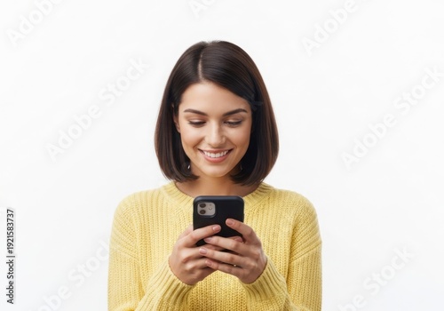A woman in a yellow sweater looking at her phone
