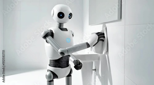 Humanoid Robot Hanging a White Towel in a Clean Modern Bathroom