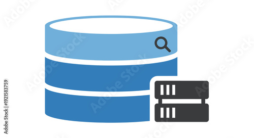 Database icon with search function and server stacks representing data management