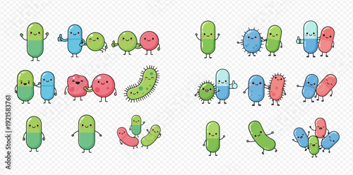 Set of cute kawaii bacteria, germs, and probiotics cartoon characters with happy faces.
