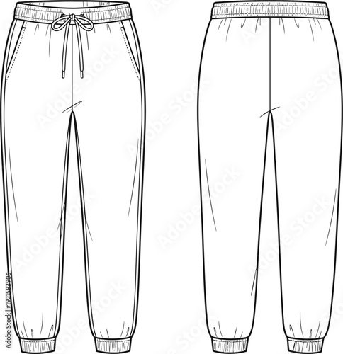 Front and back view of men's jogger sweatpants technical fashion illustration with elastic waistband drawstring and cuffed hems isolated on white background