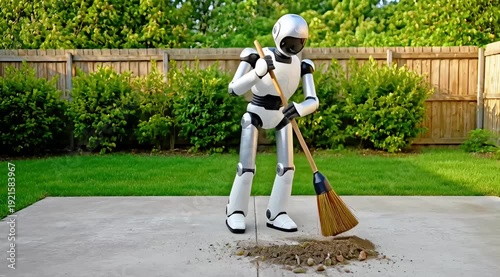 Humanoid Robot Sweeping Outdoor Patio with Broom
