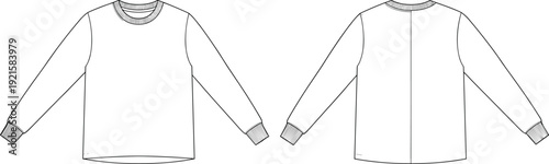 Long sleeve crewneck shirt technical flat sketch, front and back view casual top apparel template vector line drawing for fashion designers production