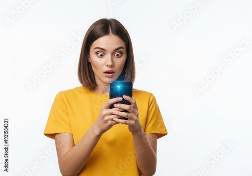 A woman in a yellow shirt looks shocked at her phone