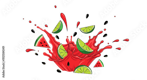 Fresh lime and watermelon splashing in a vibrant red splash, viewed from directly above, celebrating summer refreshment and healthy eating.