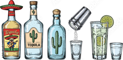 Tequila Drink Vector Set with Bottles Shot Glasses Lime and Cocktail Preparation Elements for Bar Menu Mexican Theme and Beverage Designs