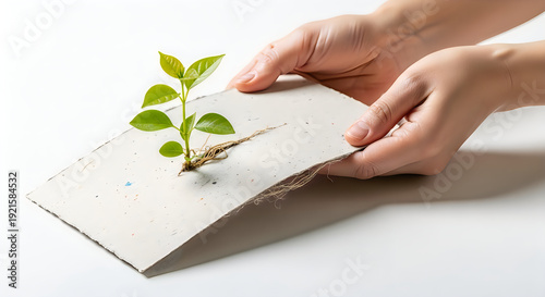 Hands holding a biodegradable seed starter pot with a small green plant