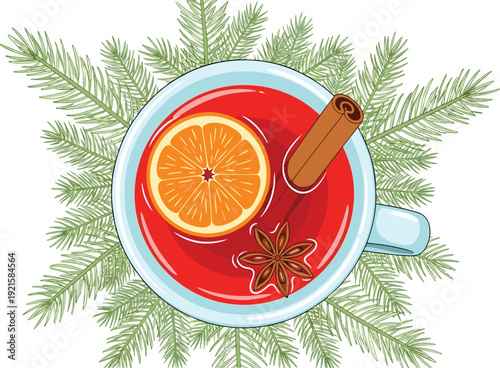 Top View Mulled Wine Cup with Orange Slice and Spices Illustration, Cozy Winter Beverage Concept for Christmas Holiday and Festive Design