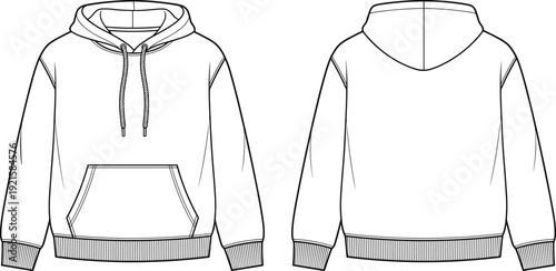 Technical Line Art Illustration of Classic Hoodie Front and Back View Pullover Sweatshirt Apparel Design Template with Kangaroo Pocket and Drawstring Hood Details