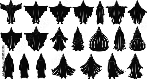 Collection of abstract black silhouettes in grid, diverse shapes, artistic design, creative illustration resource, organic forms, visual pattern set