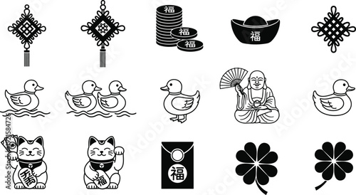 Collection of cultural luck symbols including Chinese knots, coins, ingot, ducks, Maneki‑neko cats, charms, clovers, heritage illustration set