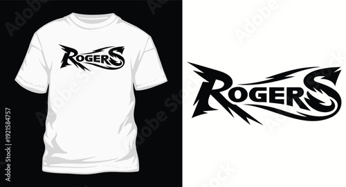 Rogers text logo with sharp jagged edges, bold typography for sports teams or brand identity, t-shirt design