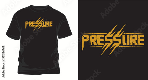 Pressure text logo with distressed texture and lightning bolt effects, grunge typography for rock music or extreme sports, t-shirt design