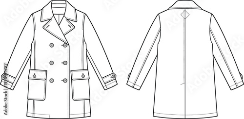 Technical Line Art Illustration of Double Breasted Trench Coat Front and Back View Classic Outerwear Apparel Fashion Design Template with Pockets and Buttons