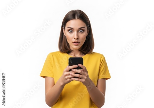 Woman in yellow shirt looks surprised at her phone