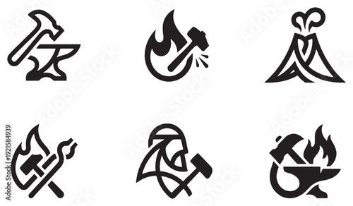 Set of six stylized icons representing industry, metalworking, and volcanic activity.