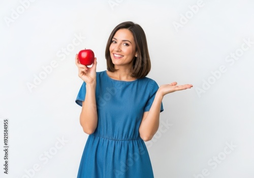 A woman in a blue dress holding a red apple