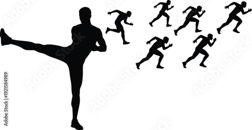 Black silhouettes of a martial artist performing a high side kick and multiple sprinters in mid-run isolated on white background
