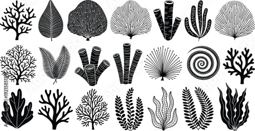 Underwater Coral and Seaweed Silhouette Vector Set with Marine Plants and Ocean Elements for Aquarium Design Coastal Decor and Nature Graphics