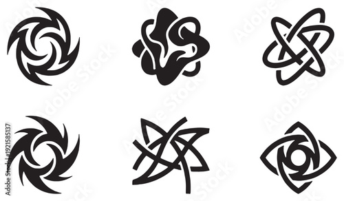 Collection of six abstract black tribal tattoo designs and symbols.