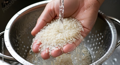 Hand holds raw white rice under a stream of running water inside a metal colander positioned over a kitchen sink.