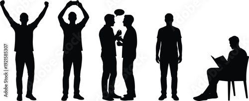 Black silhouettes of young men celebrating success, taking photos, talking, standing still, and sitting reading a book isolated on white