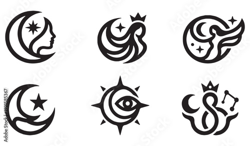 Collection of stylized celestial and mystical symbols featuring moons, stars, eyes, and female profiles.