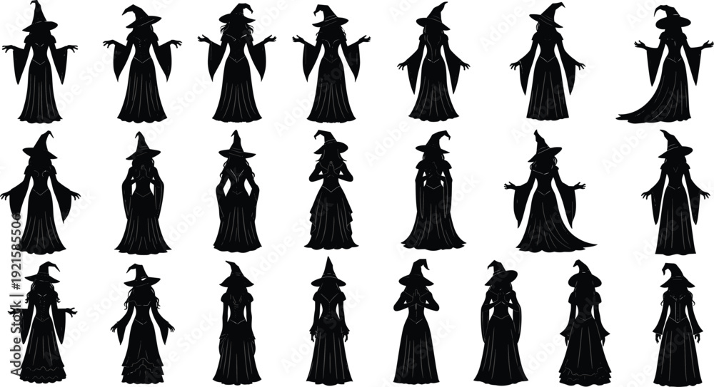 Fototapeta premium Collection of witch silhouettes in pointed hats, fantasy illustration set, magical characters, Halloween design, mystical art, cultural symbol resource