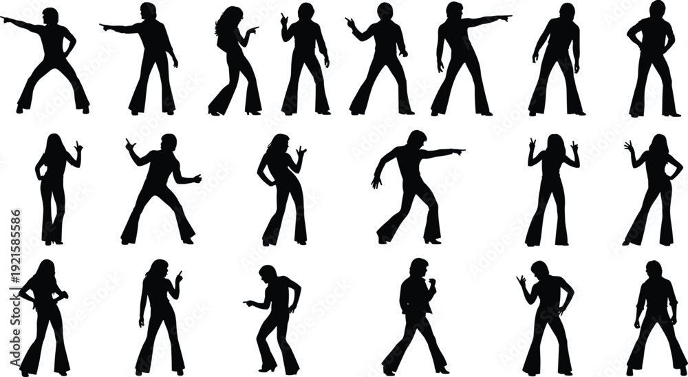 Fototapeta premium Dance silhouette illustration, dynamic action poses design, character movement artwork, creative animation concept, energetic figure grid, performance art graphic