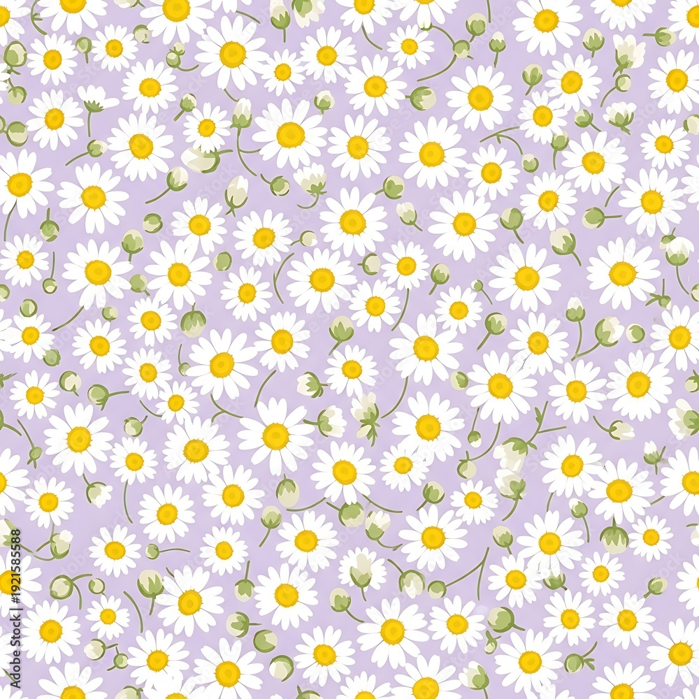 Obraz premium Seamless pattern of delicate white daisies with green buds on a soft lilac background