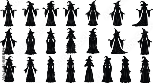 Collection of witch silhouettes in pointed hats, fantasy illustration set, magical characters, Halloween design, mystical art, cultural symbol resource