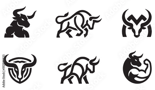 Collection of stylized bull and ox logos, representing strength and power in various artistic designs.