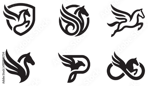 Collection of six stylized pegasus horse logos and icons in black and white.